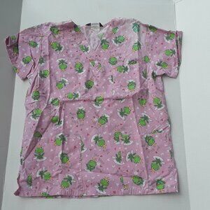 Samantha Mara pink scrubs top with frog and Your Prince is here print size S
